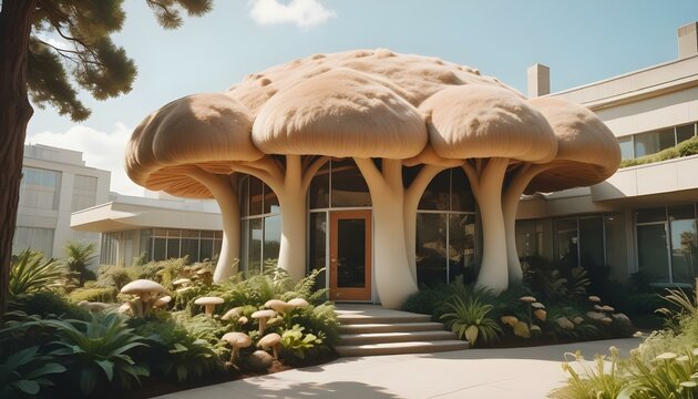 Fant&aacute;stico y lujoso edificio de oficinas en forma de seta con un exterior de piel suave y una impresi&oacute;n acogedora que realza la atm&oacute;sfera m&aacute;gica y serena