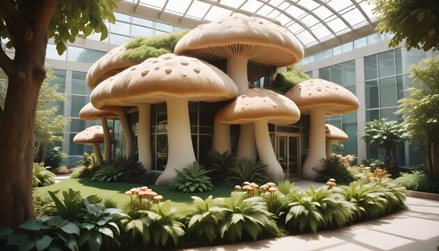 Fant&aacute;stico y lujoso edificio de oficinas en forma de seta con un exterior de piel suave y una impresi&oacute;n acogedora que realza la atm&oacute;sfera m&aacute;gica y serena