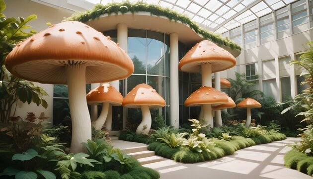 Fant&aacute;stico y lujoso edificio de oficinas en forma de seta con un exterior de piel suave y una impresi&oacute;n acogedora que realza la atm&oacute;sfera m&aacute;gica y serena