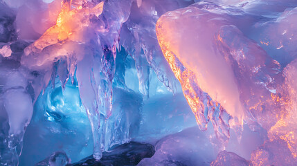 Fototapeta premium Glacier Ice Formations with Refracted Colorful Light Featuring Soft Glowing Highlights in Blue and Purple Tones a Vibrant Abstract Frozen Cave Structure with Crystalline Patterns and Natural Texture
