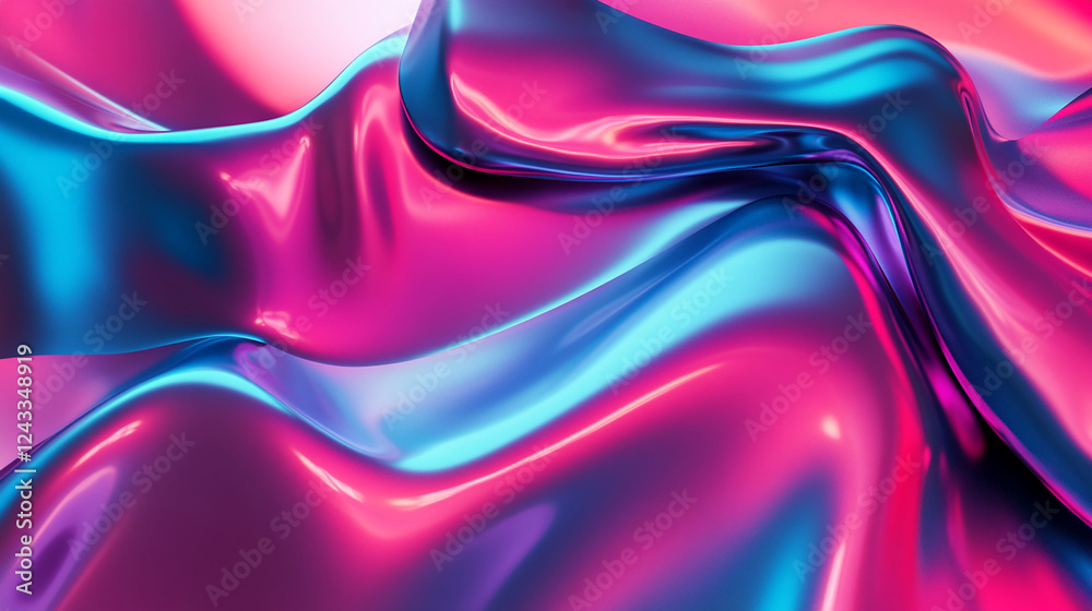 Poster a close-up of vibrant, glossy pink and blue metallic liquid fabric or texture, with smooth, flowing 