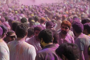Hindus celebrate Holi festival, crowd of people in colorful powders