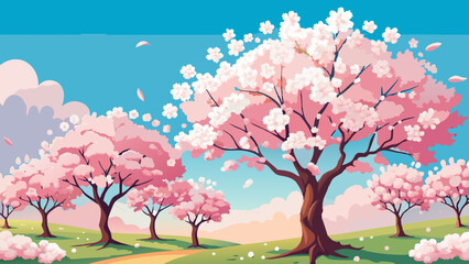 Cherry blossom landscape background. Spring season. Vector illustration.