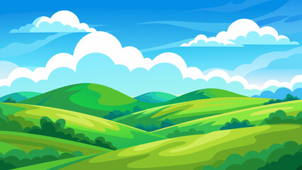 Fototapeta premium Landscape with green hills and blue sky. Vector cartoon illustration.
