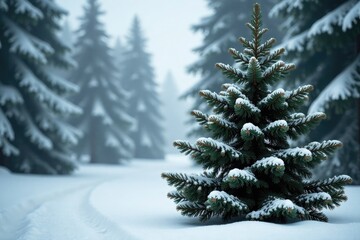Obraz premium Spruce tree with heavy cone burden against a backdrop of snowy woods, coniferous, frosty