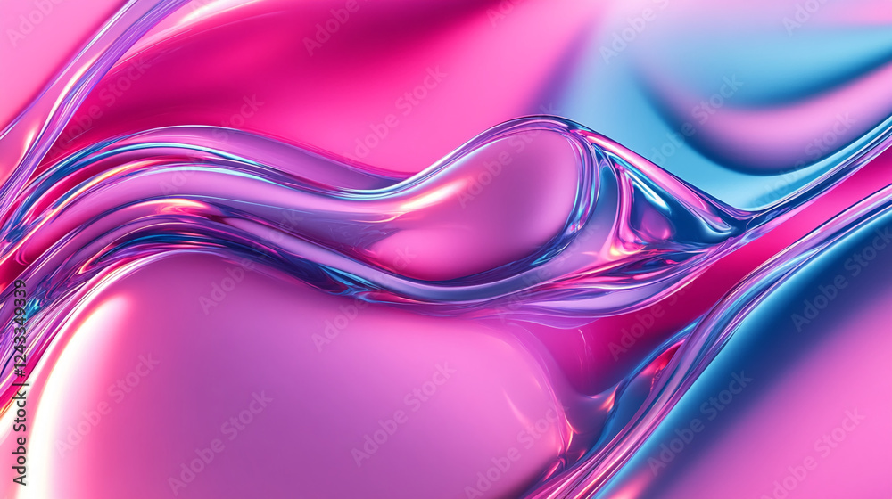 Poster a close-up of a glossy, smooth metallic pink and blue texture, showcasing flowing waves of liquid-li