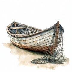 Obraz premium Watercolor boat casting net evokes feelings of serene coastal scene