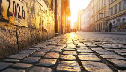 Golden Hour on Cobblestones Vintage European Street with Graffiti Art and Soft Bokeh