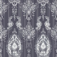 Elegant vintage damask pattern in gray and white, featuring intricate floral and ornate designs.