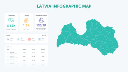 Obraz premium Business Growth Infographic Map of Latvia. Orders, Customers, Sales Overview & product Infographic Map of Latvia. Easy to edit