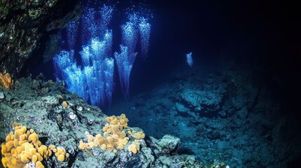 Bioluminescent Deep Sea Cave with Glowing Organisms and Rocks