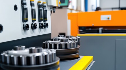 Close-up of Metal Gears on a Machine in a Factory Setting