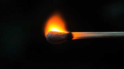 A close-up of a lit matchstick igniting, showcasing the vibrant flame against a dark background, symbolizing warmth and light