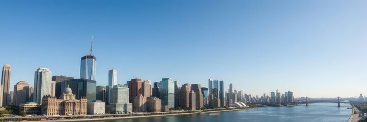 Panoramic shot of a city with numerous skyscrapers and a river in the foreground under clear blue skies, urban landscape, cityscape, tall buildings