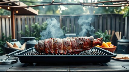 Panoramic view of a backyard BBQ setup with a large salt and chilli pork belly in the center, party atmosphere, wooden furniture, bbq grill
