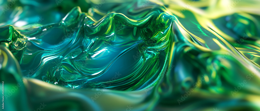 Poster close-up of a textured green and blue surface, showcasing a fluid, glossy, and abstract liquid flow.