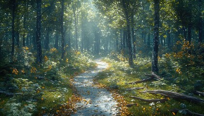 Obraz premium Sunlit Forest Path Autumn Leaves Scattered Ground