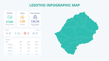 Business Growth Infographic Map of Lesotho. Orders, Customers, Sales Overview & product Infographic Map of Lesotho. Easy to edit