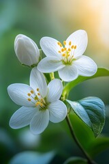 Fototapeta premium Springtime Blooms Delicate White Petals of Flowering Plant Bask in the Warmth of Natural Sunlight