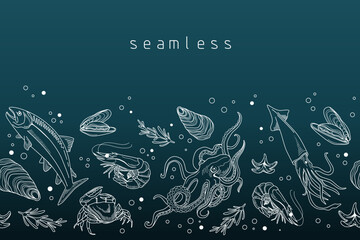 Hand drawn seamless pattern with with sea creatures. Octopus, shrimp, salmon, trout, oysters, mussels, squid, crab. Seafood vector illustration.
