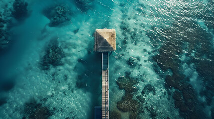 A breathtaking aerial view captures stunning expanse of Maldives island, showcasing luxurious water villas resort and intricate wooden pier against backdrop