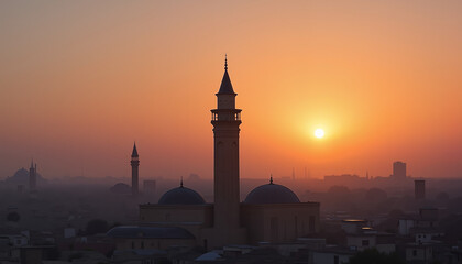 Silhouetted mosque at sunset, serene spirituality