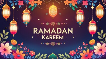 Vibrant Ramadan Kareem template with glowing lanterns, Islamic floral patterns and space for text amidst a gradient background.