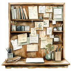 Illustration shows well used workspace overflowing with notes