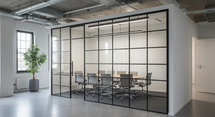 Modern office interior, minimalist design, glass partition wall, black metal framed windows, conference room, round meeting table