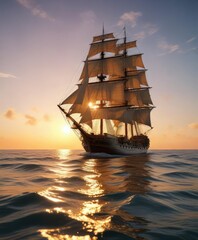 Fototapeta premium Tall ship gliding across the surface of calm and serene ocean during golden hour, tranquil, water scene, calm