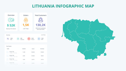 Naklejka premium Business Growth Infographic Map of Lithuania. Orders, Customers, Sales Overview & product Infographic Map of Lithuania. Easy to edit