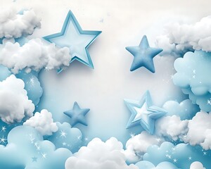 A dreamy cloud and star design with a soft color palette of blue and white