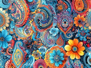 Vibrant floral and paisley pattern in rich colors, creating a lively and dynamic visual effect.