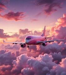 Obraz premium Pink cloud layer envelops plane as it lands at sunset, sunset, flight