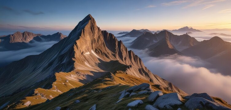 The Dent Du Ratier peak at sunrise during the blue hour with golden light and misty clouds, sunrise, clouds, blue hour