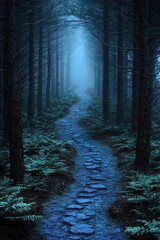 Fototapeta premium Stone path through a misty dark forest at night