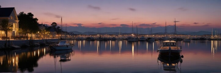 The harbor at dusk, with a lone boat lit up by the reflection of a streetlight across the water, serene, nighttime