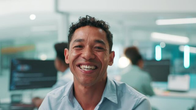 Happy man, face and software developer with pride for app development, web design or programming at office. Portrait, male person or programmer with smile for AI, UI or UX improvement at workplace
