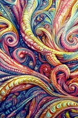 Colorful abstract swirls resembling tentacles create a vibrant, dynamic composition full of movement and energy.