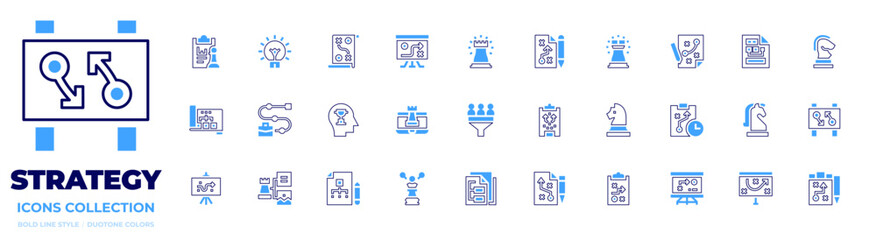 Strategy icon collection. Bold line style. Duotone colors. strategy, contentstrategy, filter, documentation, plan, diagram, milestone