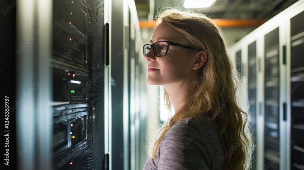 Poster a dedicated technician with glasses inspects a row of server racks in a sleek data center. the ambie