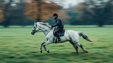 A woman gracefully rides a horse through a lush green field, showcasing the harmony between rider and animal in a serene outdoor setting.