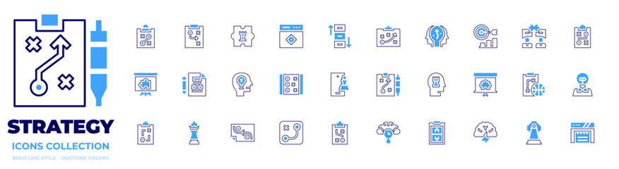 Strategy icon collection. Bold line style. Duotone colors. strategy, queen, thinking, chess, solution, idea, alignment, trainer, strategic, projectplan
