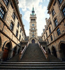 Fototapeta premium The staircase of a grand, ancient building leads up to a tall, imposing tower in York's historic heart, york city centre, clifford tower stairs grand building leading tower york historic heart