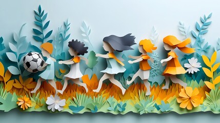 Happy kids playing soccer in a park, exciting outdoor activity, dynamic vector art with paper cut elements