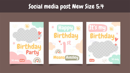 Set of cute happy birthday social media post