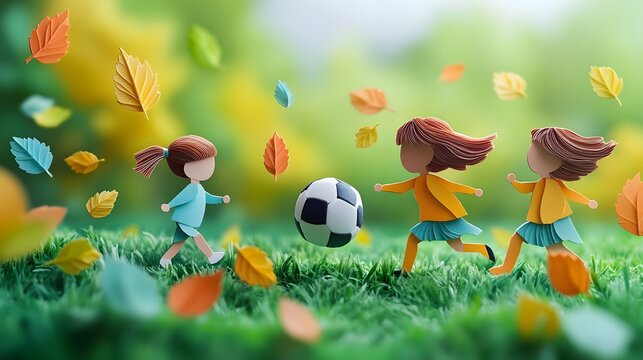 Happy kids playing soccer in a park, exciting outdoor activity, dynamic vector art with paper cut elements