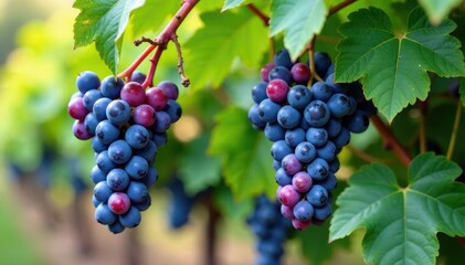 Purple clusters of grapes and leaves on the vine, purple, foliage