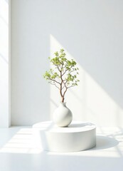 Tiny tree in a delicate ceramic vase on a minimalist white table platform, with soft natural light falling on it, nature, peaceful ambiance