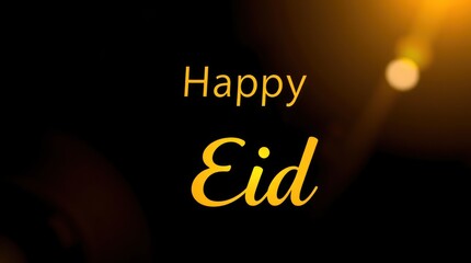 Iridescent colors in warm golden hour light. Happy Eid in sleek gold typography with crescent moon and dots on black background